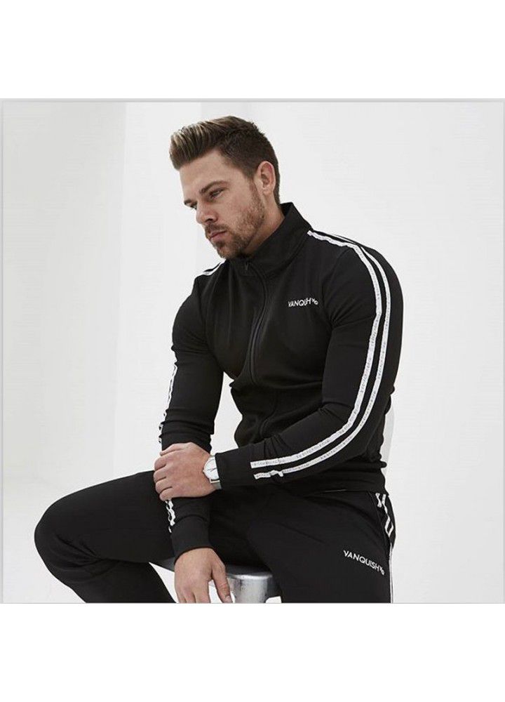 Muscle brothers sports fitness suit men's stand collar zipper cardigan coat European and American VQ sleeve zipper sweater