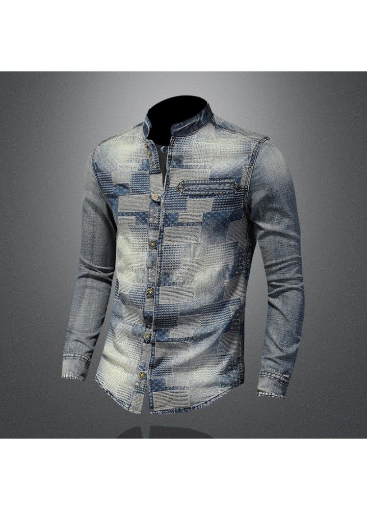 Cross border long term retro color personalized patch denim shirt art floral punk shirt men's w61081