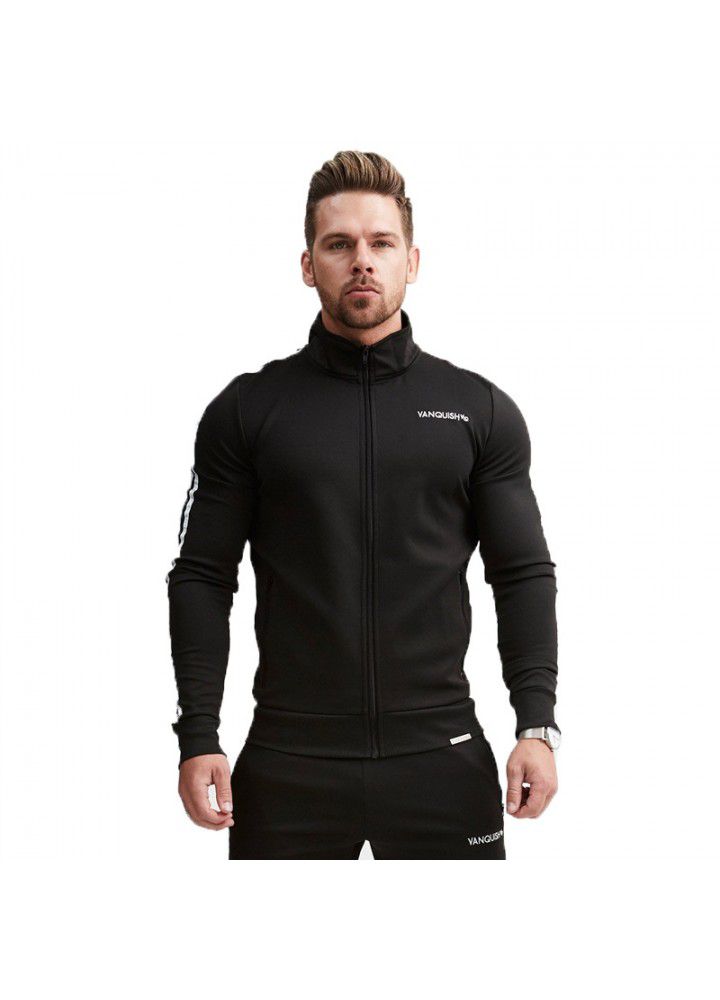 2018 new fitness muscle brother VQ sleeve lacing printing slim fitting sweater autumn and winter sports stand collar coat for men