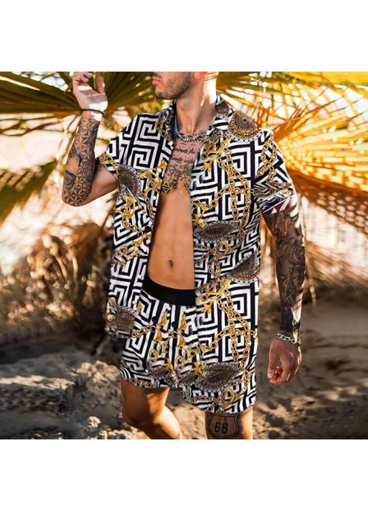 Summer 2021 Amazon cross border beach style loose shirt Hawaiian casual suit men's print two piece set