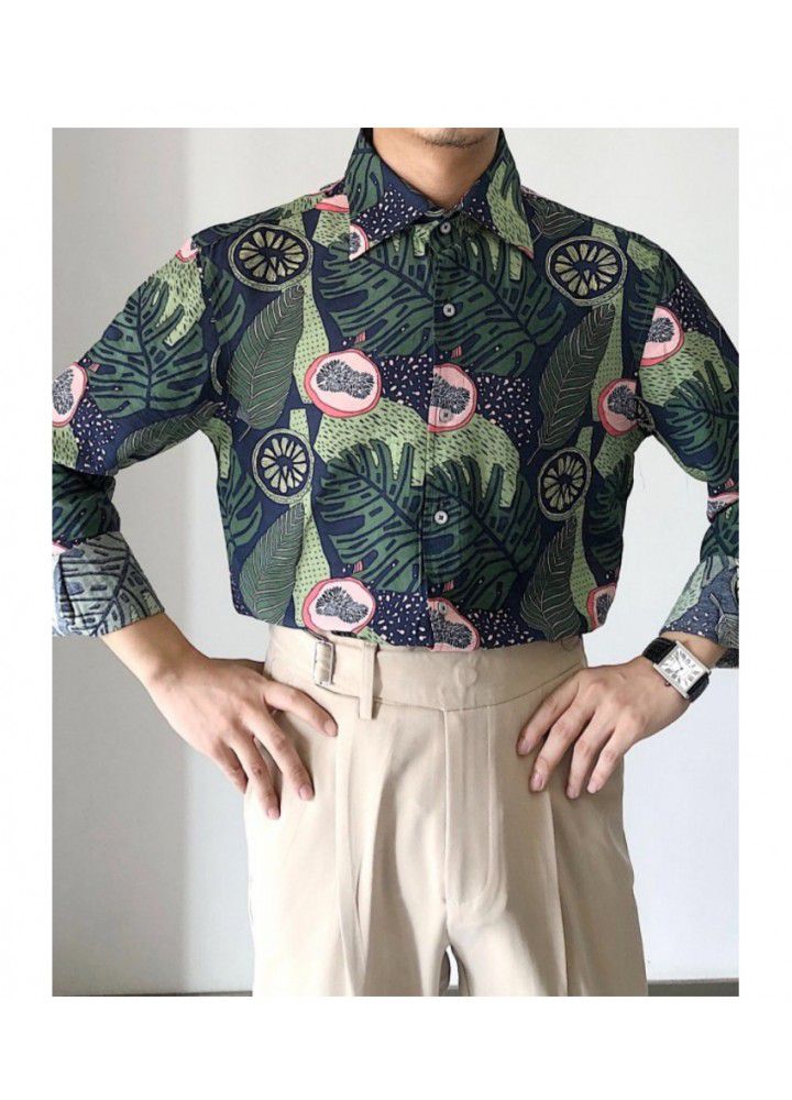 C2231 new wish spring autumn retro printed wide soft comfortable cotton youth Lapel men's casual shirt