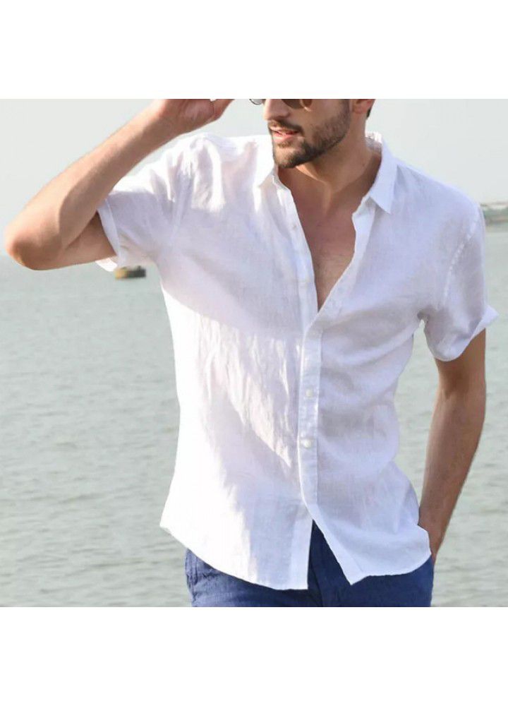 2021 cross border eBay express Europe and America Summer short sleeve casual cardigan foreign trade men's shirt men's solid color shirt