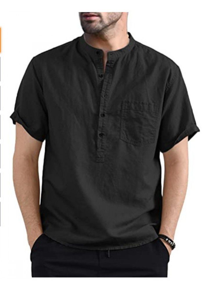 Spot 2021 new men's casual stand collar short sleeve cotton shirt popular in Europe and America