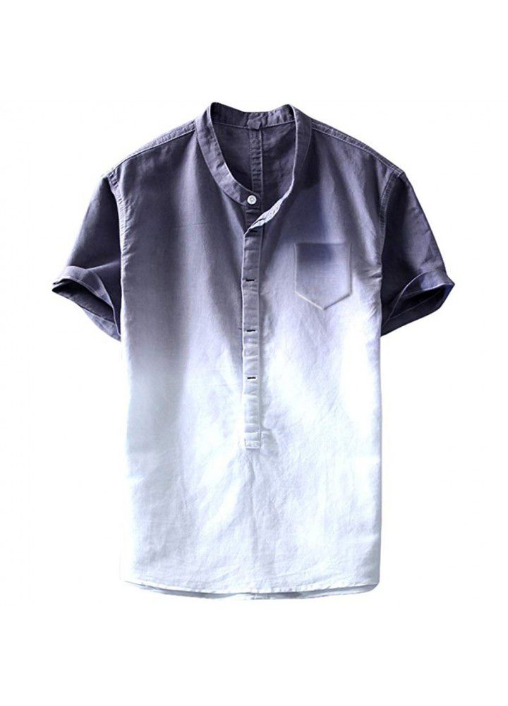 2019 foreign trade hot sale European and American fashion shirt slim fitting gradual change printing half pocket cardigan cotton linen short sleeve shirt men's shirt