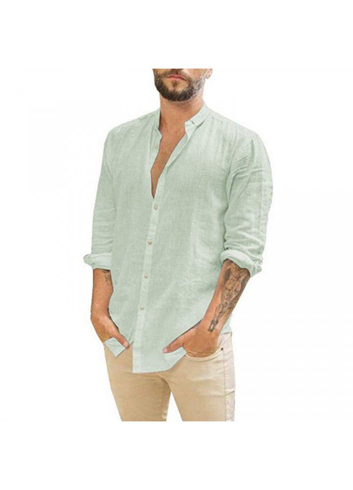 2021 Amazon wish express Europe and America men's new linen cardigan solid casual collar Long Sleeve Shirt