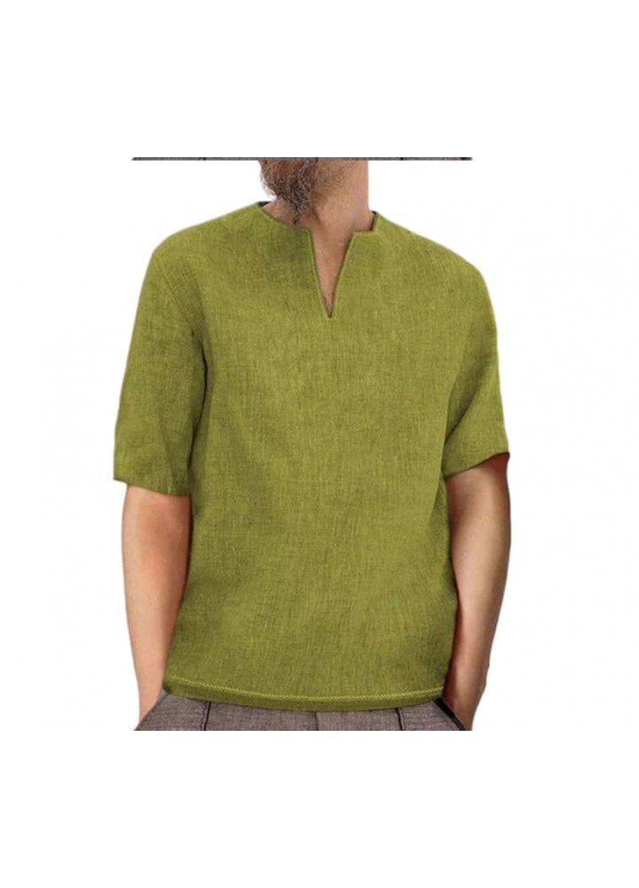 2021 Amazon new foreign trade European and American men's Cotton hemp national style linen solid color V-neck short sleeve top