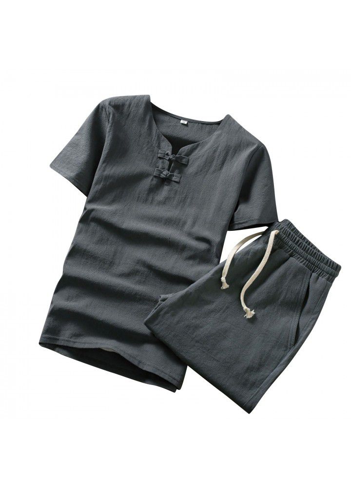Spot 2021 new men's casual cotton and hemp two piece Shorts Shirt C110 top in Europe and America