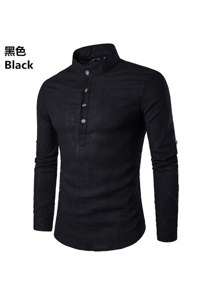 Cross border men's fashion shirt foreign trade long sleeve standing collar linen slim sleeve shirt foreign trade long term goods
