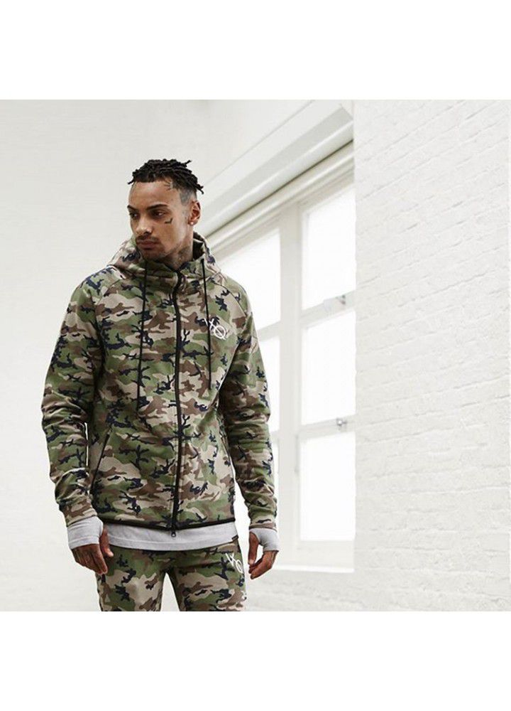 Sumitong muscle fitness brothers sports leisure long sleeve sweater men's autumn and winter camouflage zipper cardigan Hooded Coat