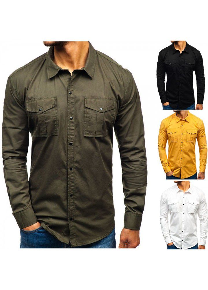 Autumn and winter 2019 new foreign trade shirt tooling shirt men's Multi Pocket tooling long sleeve pure cotton shirt