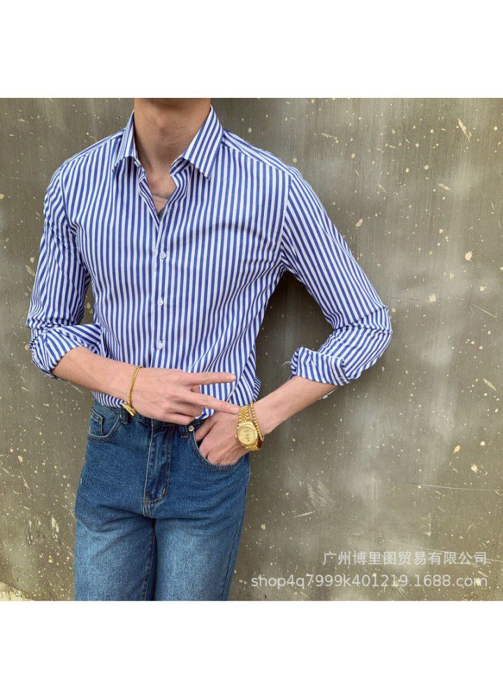 C2216 European and American new men's autumn thin Lapel light business retro slim striped shirt long sleeve independent station