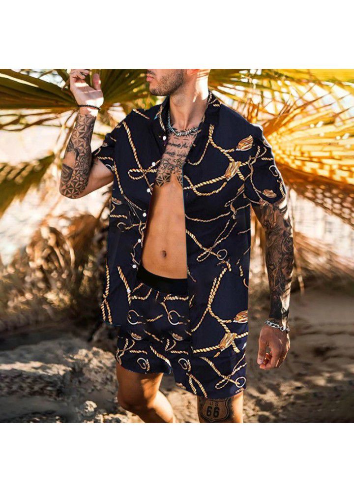 Summer 2021 Amazon cross border beach style loose shirt Hawaiian casual suit men's print two piece set