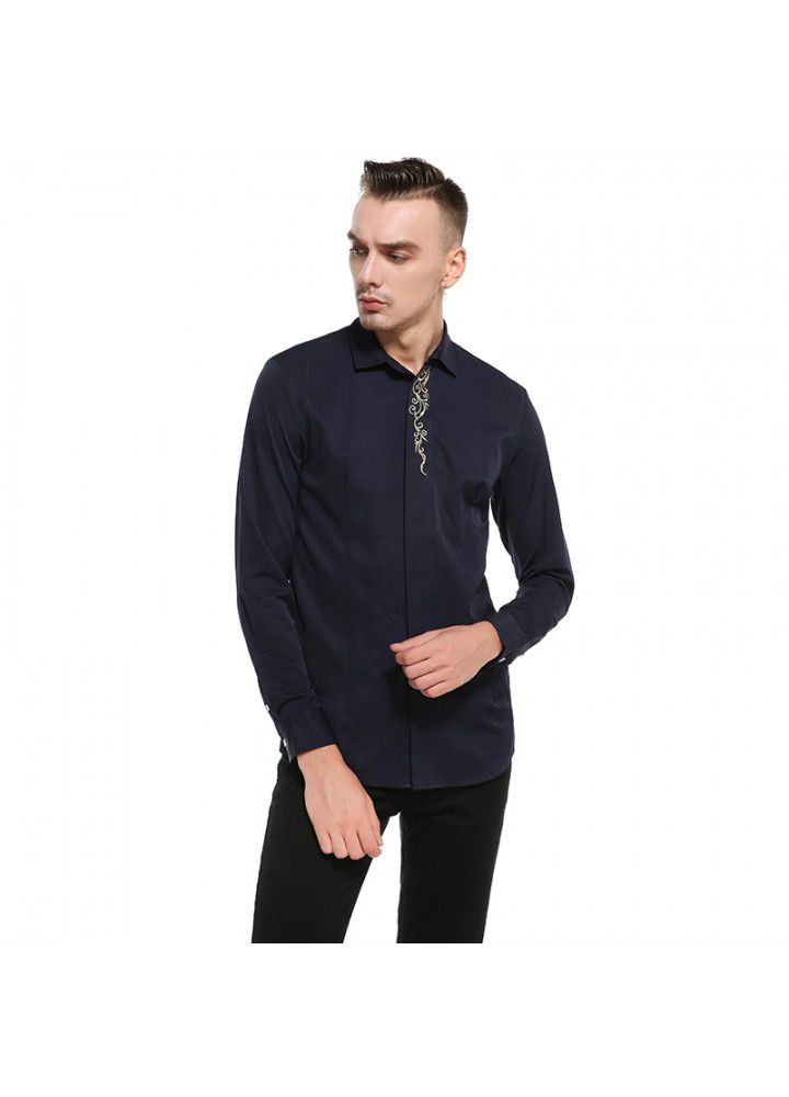 New foreign trade shirts sell quickly autumn European men's neckline embroidery bottoming slim long sleeve shirt