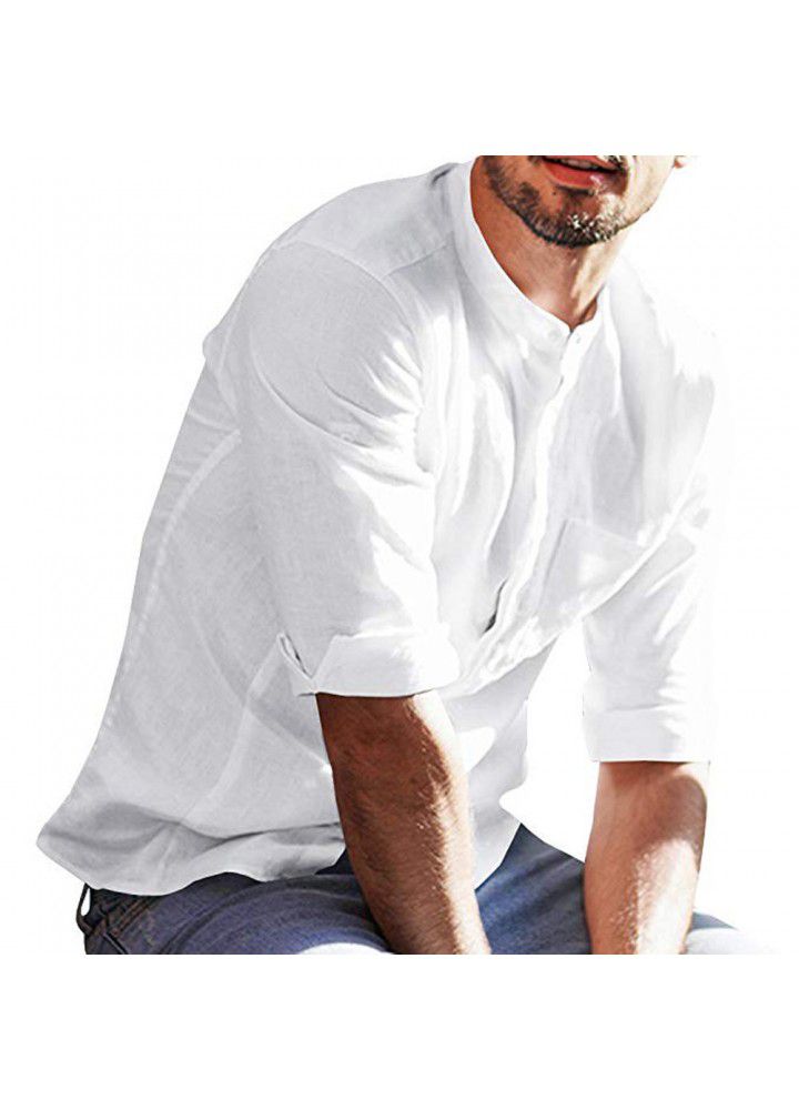 Amazon express new men's 3D Pullover V-neck casual shirt cotton linen top