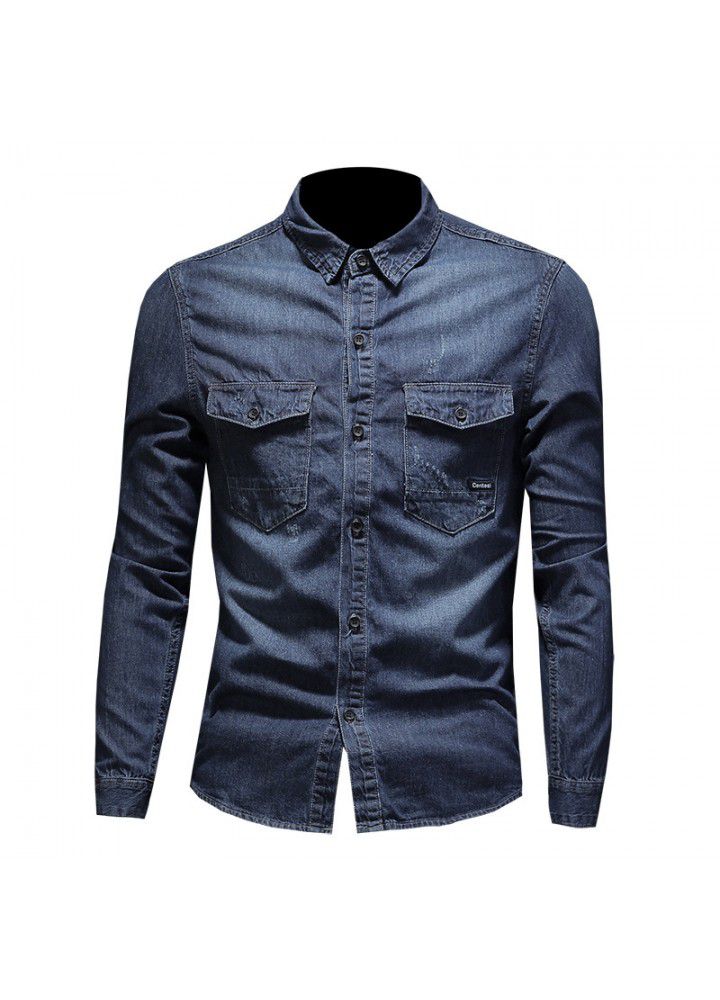 2020 / summer new Japanese retro denim shirt men's large simple long sleeve shirt v602 / p108