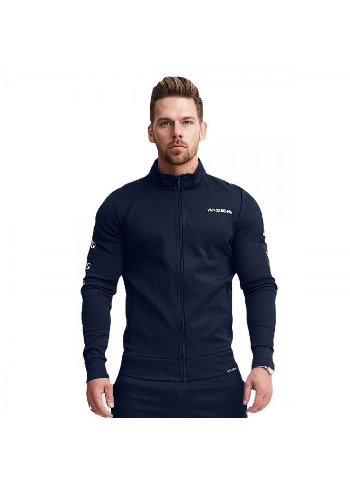 Cross border for muscle brothers sports fitness men's long sleeve printed sweater autumn and winter slim zipper casual cardigan coat