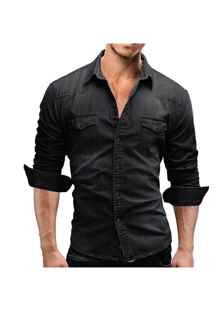 European and American men's double pocket men's casual long sleeve denim shirt 3011