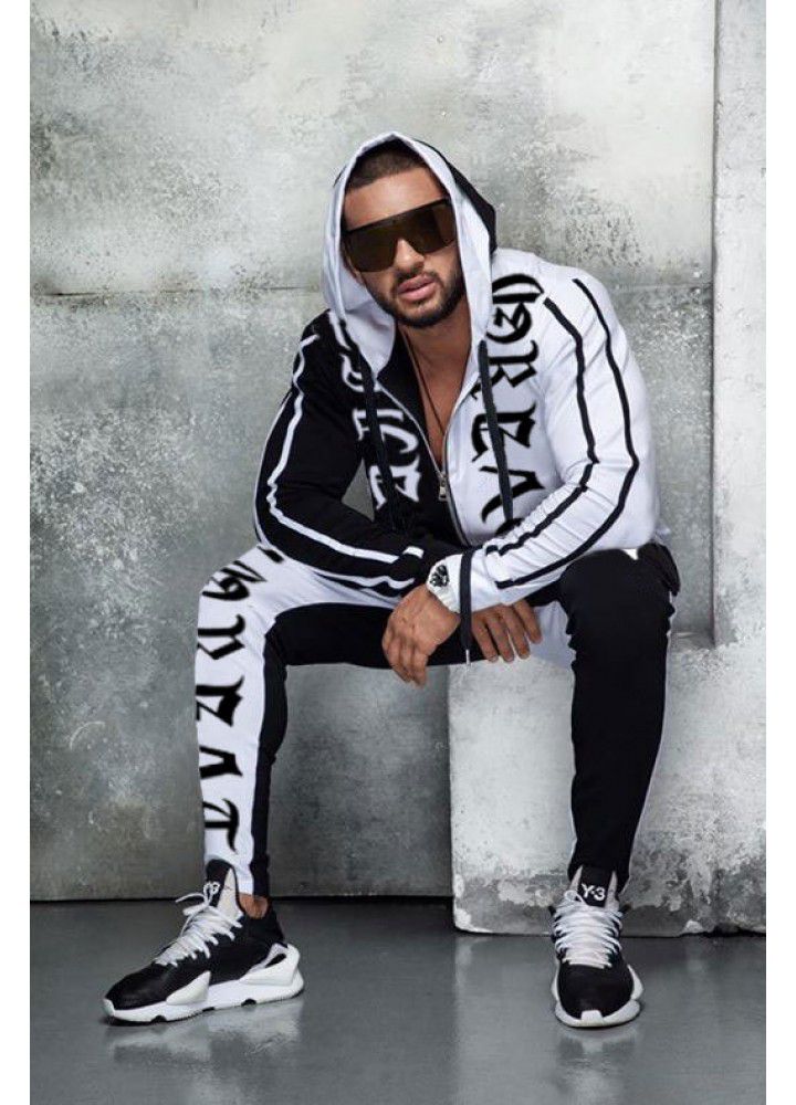 European and American trend sports leisure suit men's color matching trousers hooded zipper coat mextonmen autumn and winter