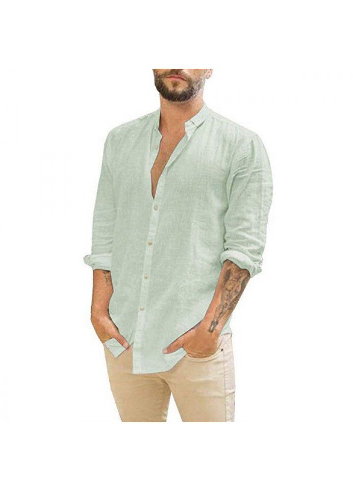 2021 Amazon wish express Europe and America men's new linen cardigan solid casual collar Long Sleeve Shirt