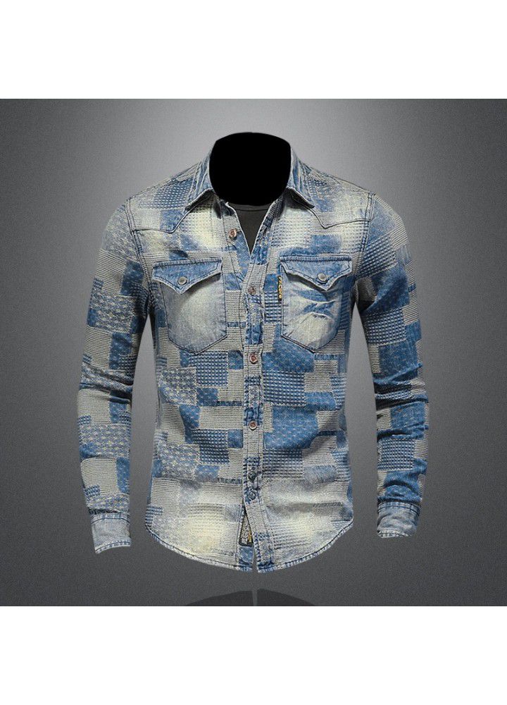 Cross border long term retro color patch Lapel denim shirt art floral punk shirt men's w61068