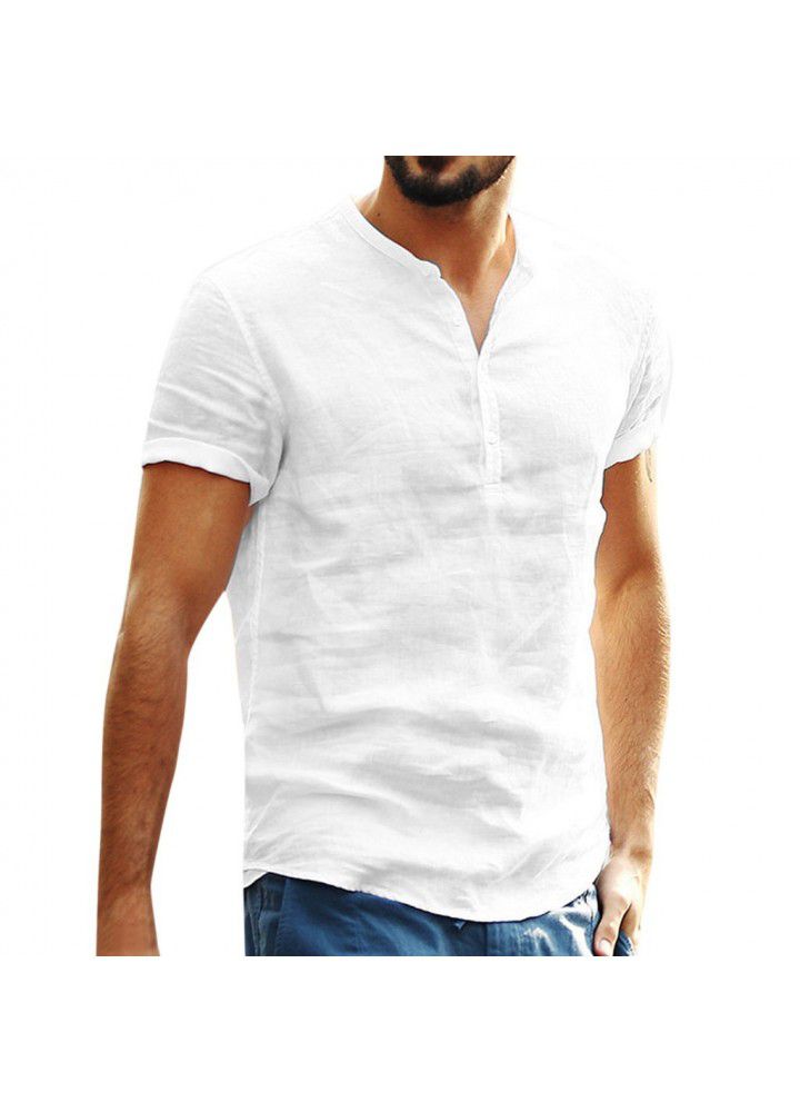 2020 new cross border men's stand collar cotton linen short sleeve shirt Amazon wish popular shirt
