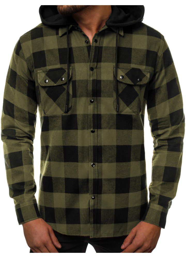 2020 spring new men's Plaid Hooded Shirt tooling pocket detachable hat casual long sleeve Hoodie