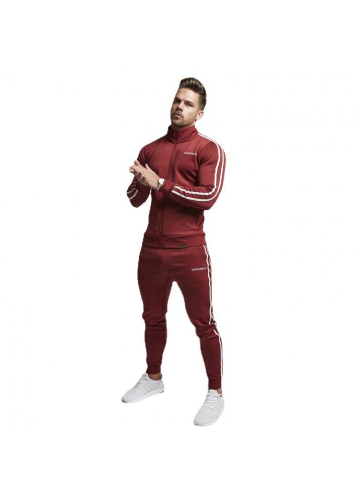 2018 new fitness muscle brother VQ sleeve lacing printing slim fitting sweater autumn and winter sports stand collar coat for men