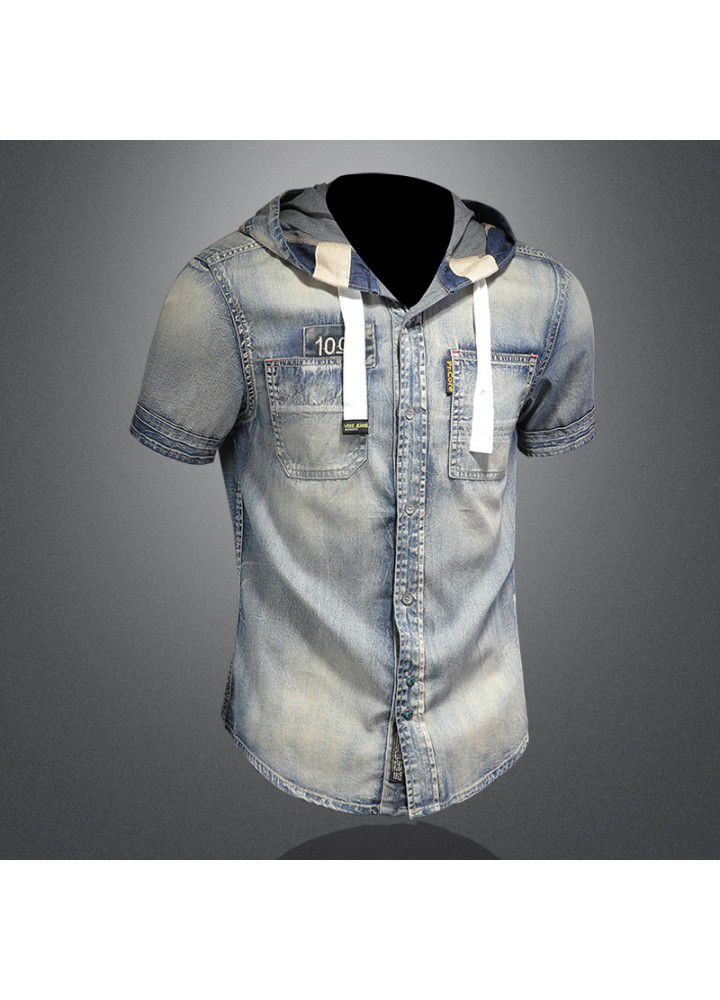 European style summer trend men's short sleeve hooded jeans casual shirt retro slim handsome casual 15145