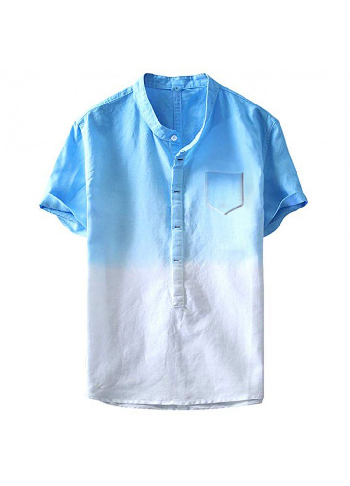 2019 foreign trade hot sale European and American fashion shirt slim fitting gradual change printing half pocket cardigan cotton linen short sleeve shirt men's shirt