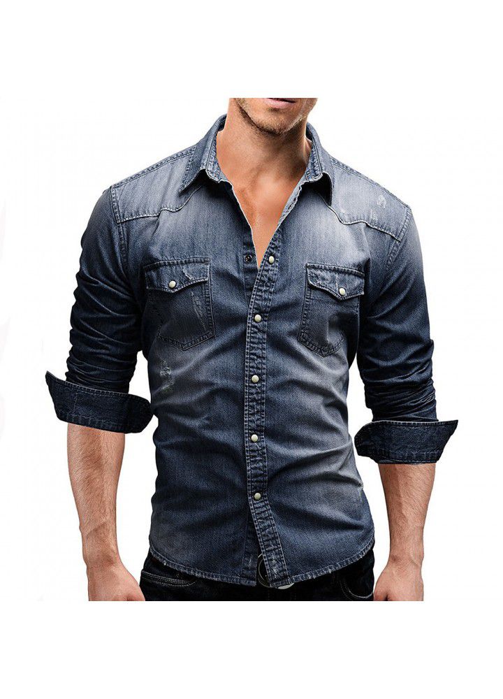 European and American men's double pocket men's casual long sleeve denim shirt 3011