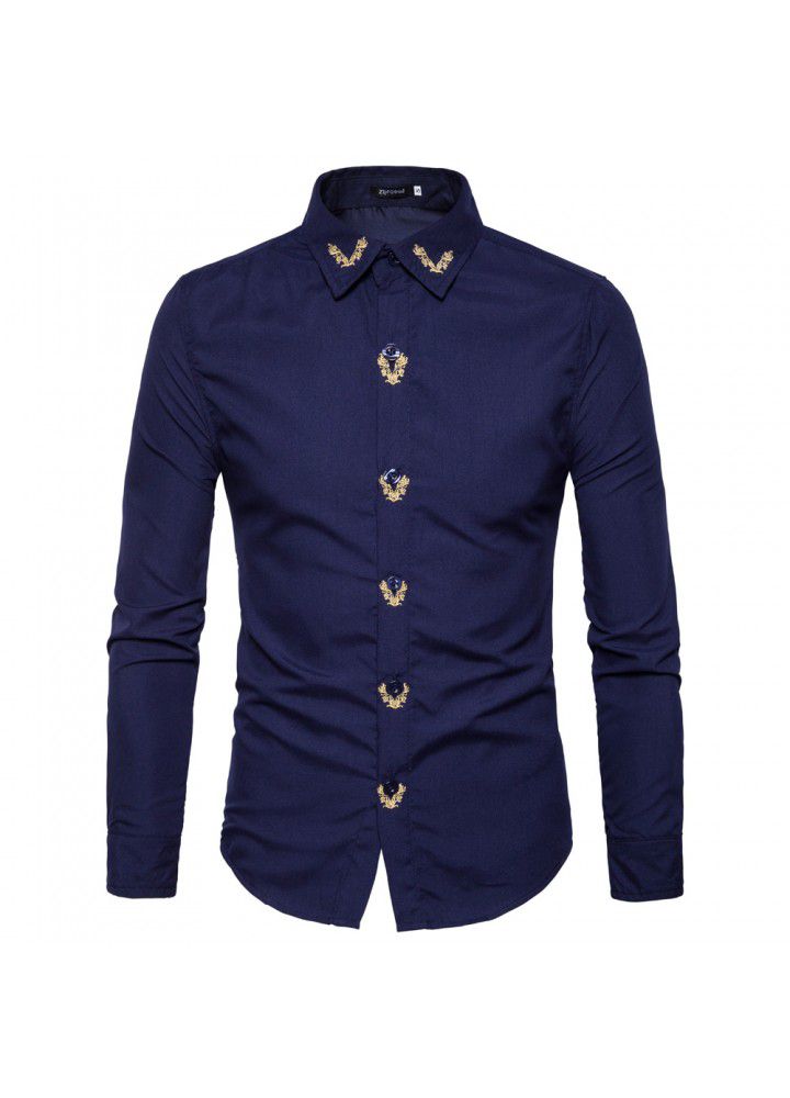 Cross border men's shirt foreign trade autumn and winter new eBay European men's Embroidery multi color bottom slim shirt leisure