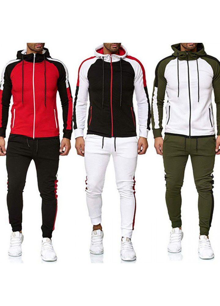 Wish spring and autumn new foreign trade wholesale fashion stripe color matching large men's Hooded Sweater sports suit