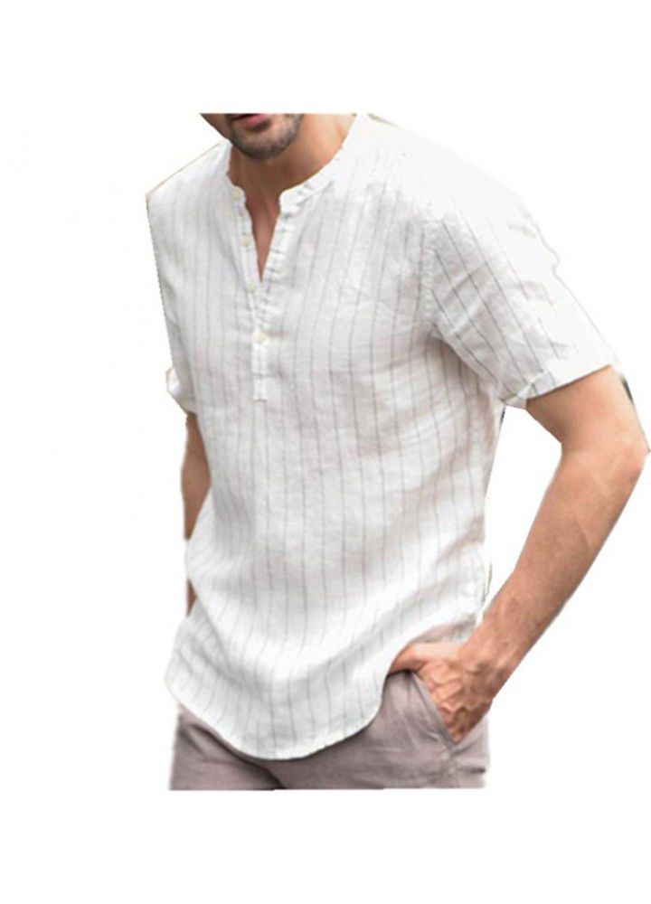 2020 fast sell hot summer new hemp cotton stripe short sleeve men's fashion casual stand collar pullover shirt