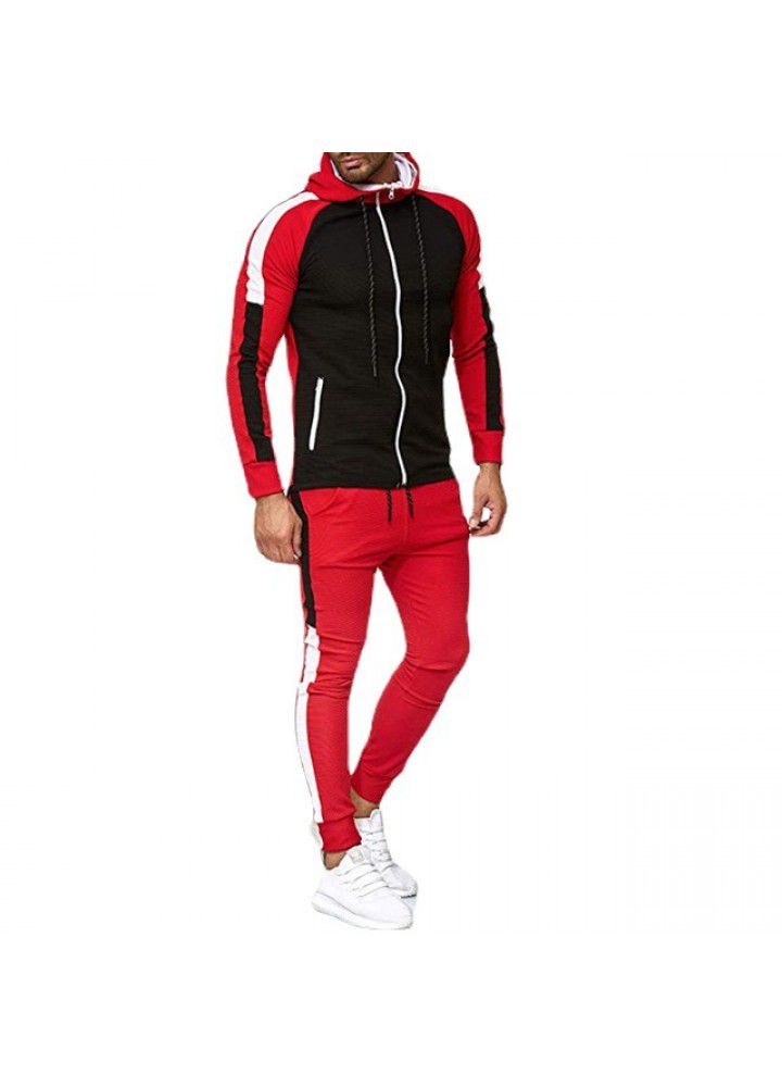 Wish spring and autumn new foreign trade wholesale fashion stripe color matching large men's Hooded Sweater sports suit