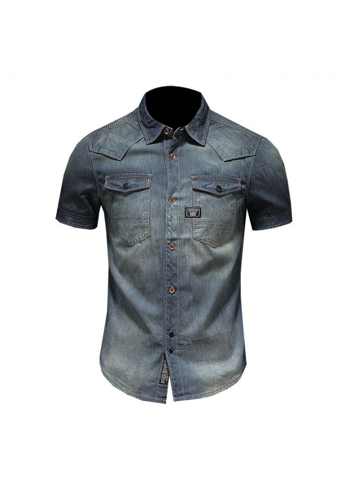 19 new high quality Denim Short Sleeve Shannan high quality washed Vintage denim shirt Qiantang building