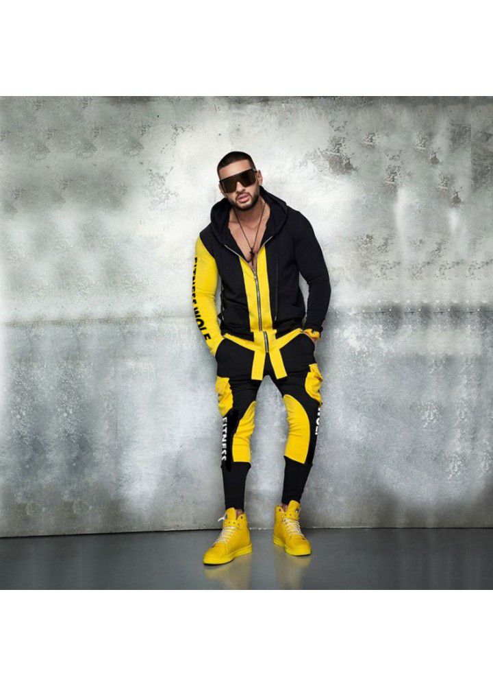 European and American trend sports leisure suit men's color matching trousers hooded zipper coat mextonmen autumn and winter