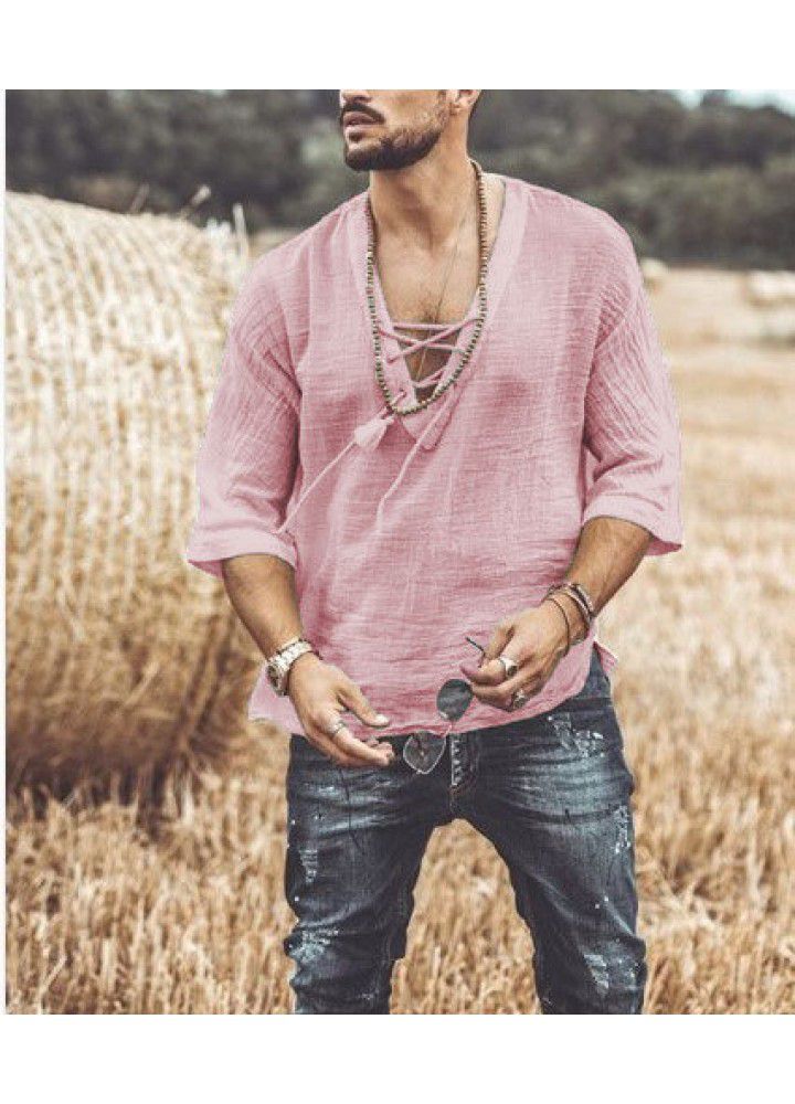 Spot 2021 new men's casual cotton and hemp shirt V-neck mid sleeve top