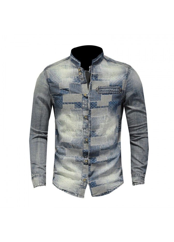 Cross border long term retro color personalized patch denim shirt art floral punk shirt men's w61081