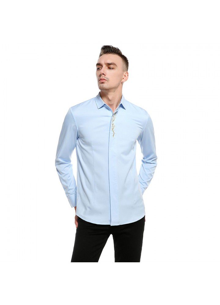 New foreign trade shirts sell quickly autumn European men's neckline embroidery bottoming slim long sleeve shirt