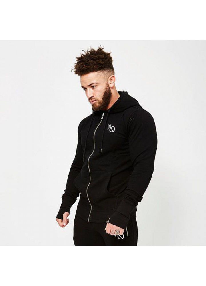 Cross border muscle brothers fitness sports leisure men's zipper Hoodie solid color slim breathable long sleeve coat