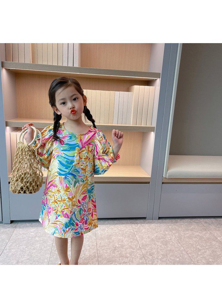 Girls' bubble sleeve dress 2021 summer new children's floral summer dress children's Princess Dress 