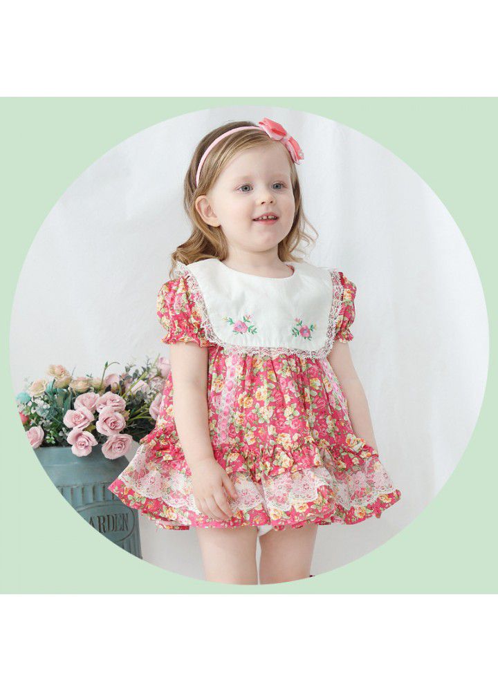 Children's short sleeve printed princess dress with big Lapel embroidery European and American children's summer new girls Floral Dress 