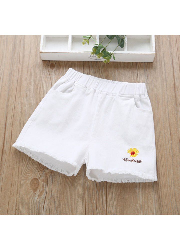 Girls Denim Shorts wear 2021 new baby children's summer foreign style children's wear small wrinkled chrysanthemum casual thin pants 