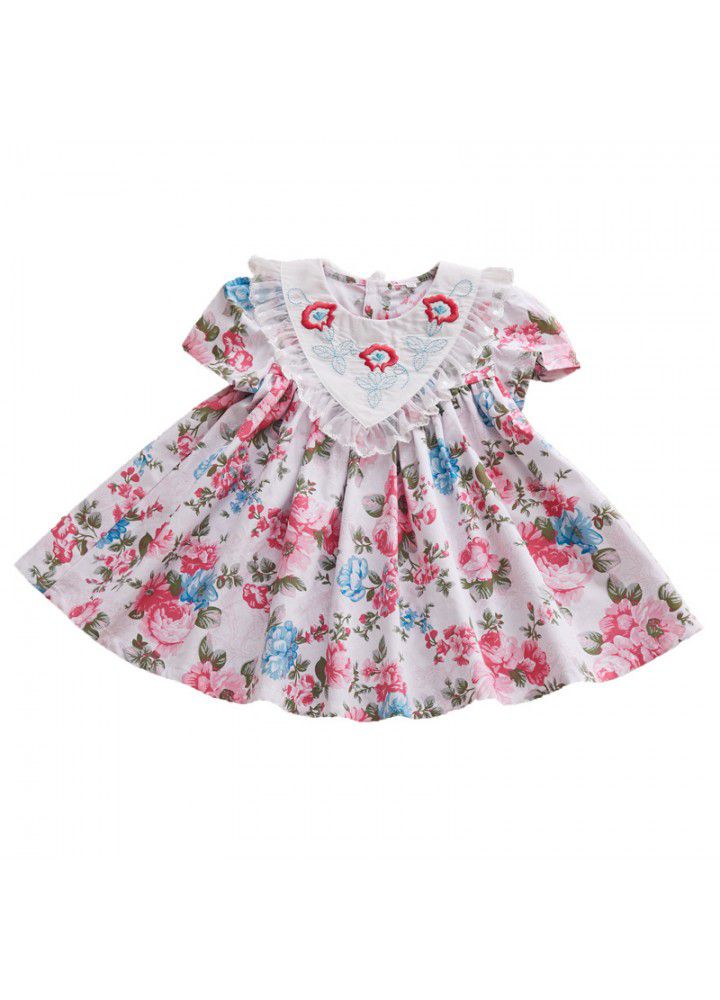 2021 new embroidered Euro American style children's skirt girl's summer princess skirt children's medium length Printed Dress 