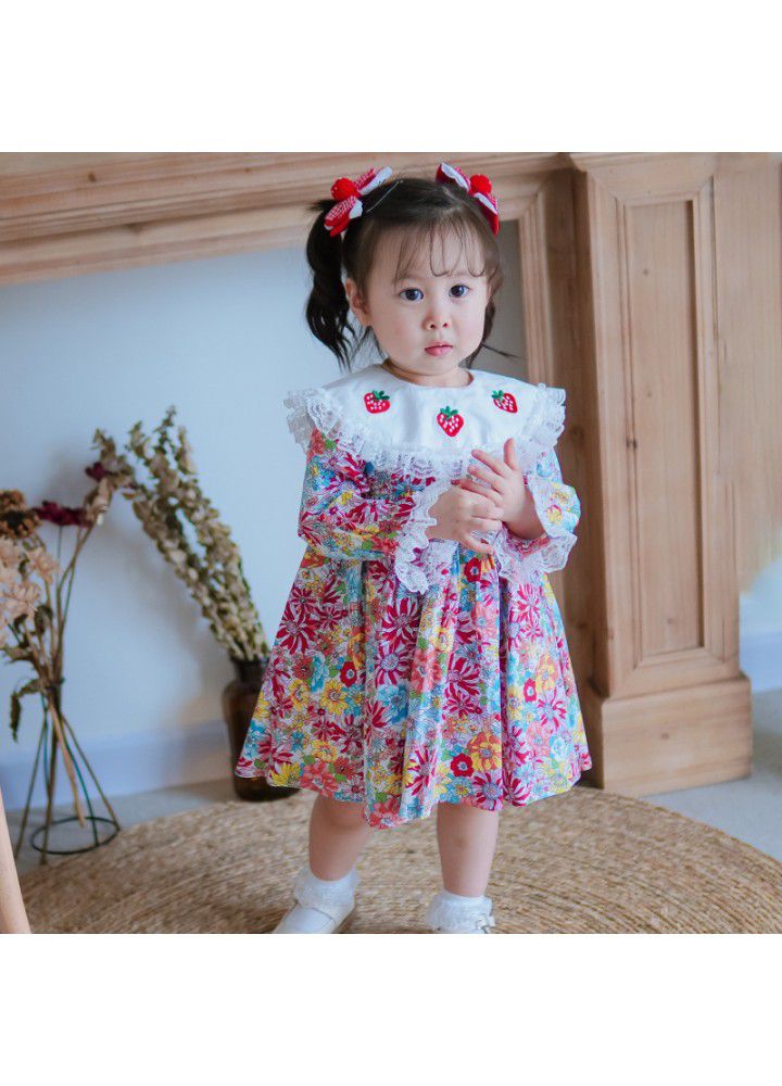 Spring girl's long sleeve Printed Dress with big Lapel embroidery children's Princess Dress 