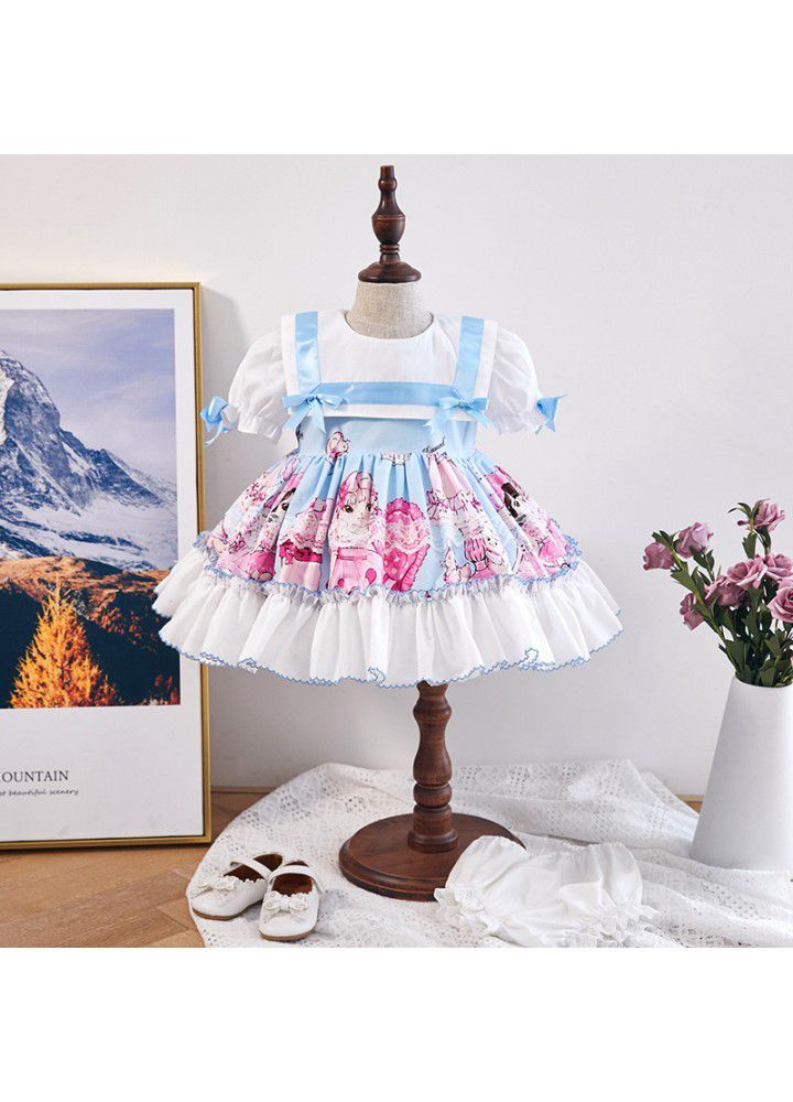 [factory] 2021 summer girl's dress girl's Lapel cartoon European and American children's skirt Spanish princess skirt