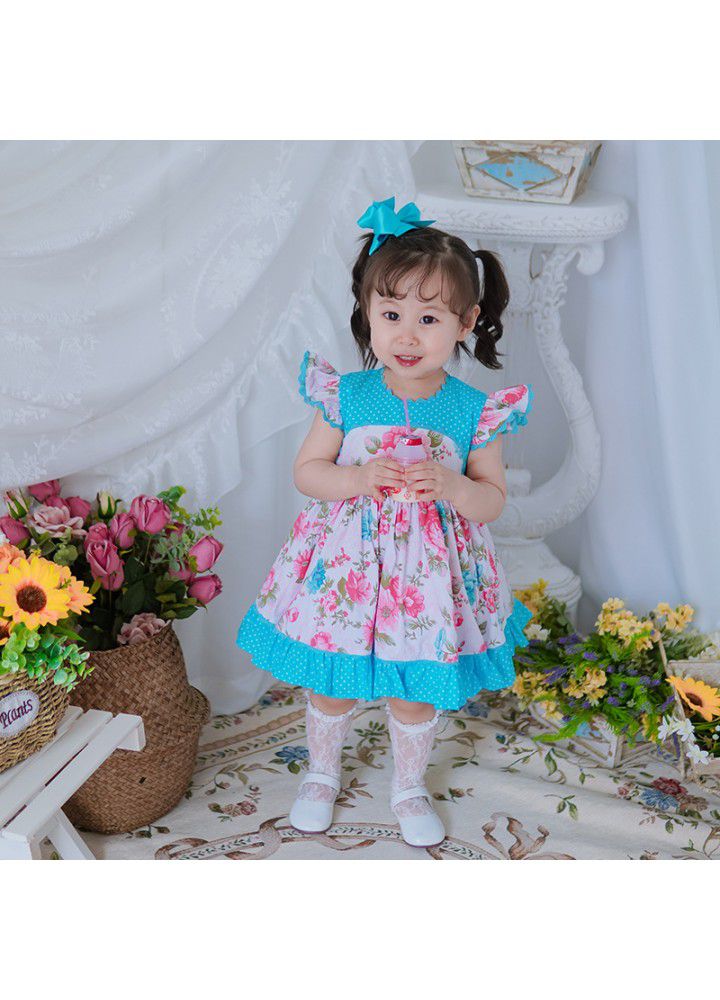 2021 new girl flower skirt printed big bow children's dress flying sleeve Princess Dress 
