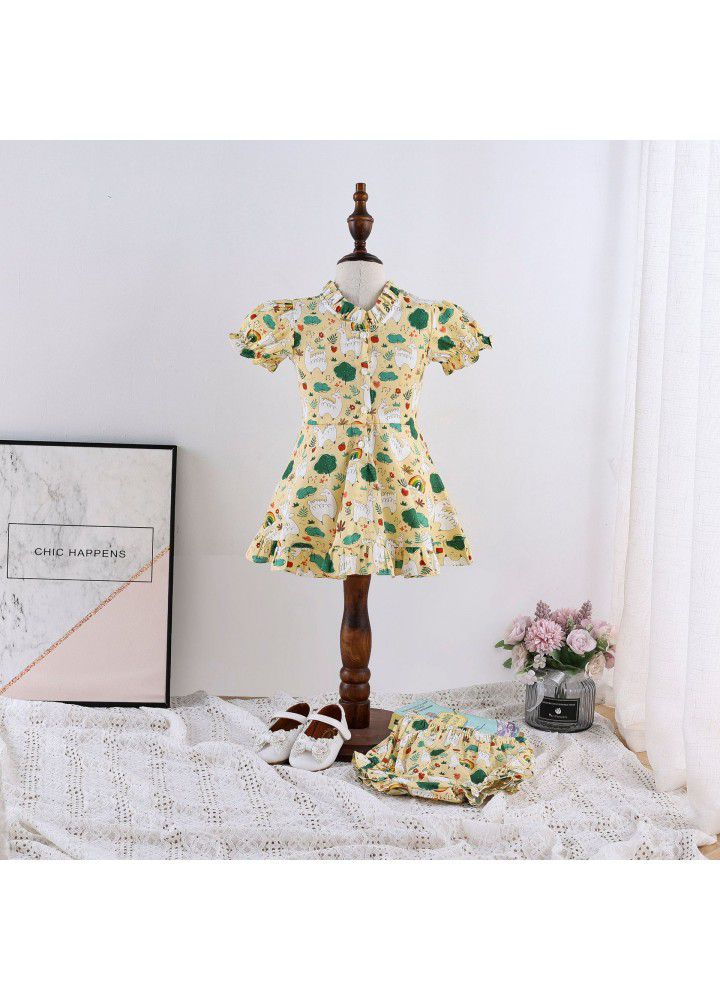 Girls' short sleeve floral dress pastoral style small fresh children's wear 2021 summer children's dress bubble sleeve 