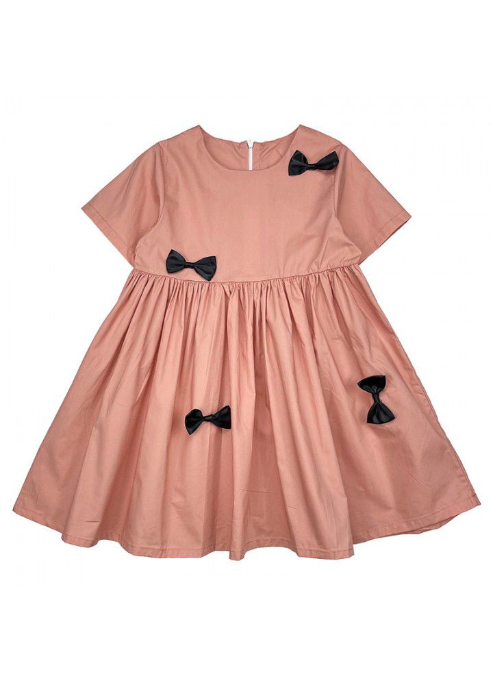 Girls' short sleeve dress 2021 summer new children's pure color bow princess skirt nubao foreign style summer dress 