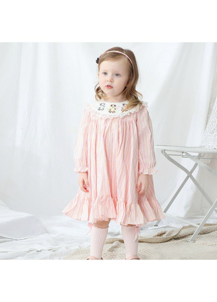 Spring new girl's princess dress girl's Long Sleeve Striped embroidered dress 
